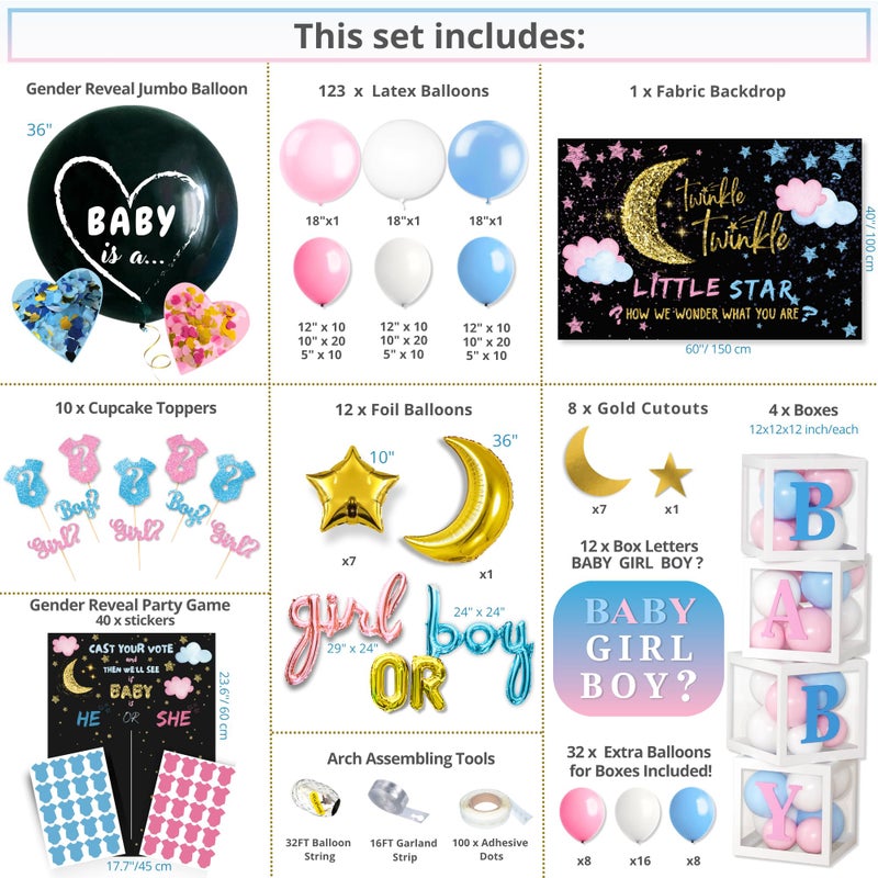 RainMeadow 191 PC Premium Twinkle Twinkle Little Star Gender Reveal Decorations - Includes: Balloon Arch Garland - GIRL BOY Boxes - Gender Reveal Balloon - Cloth Backdrop - Games - Cupcake Toppers and More - Image 4