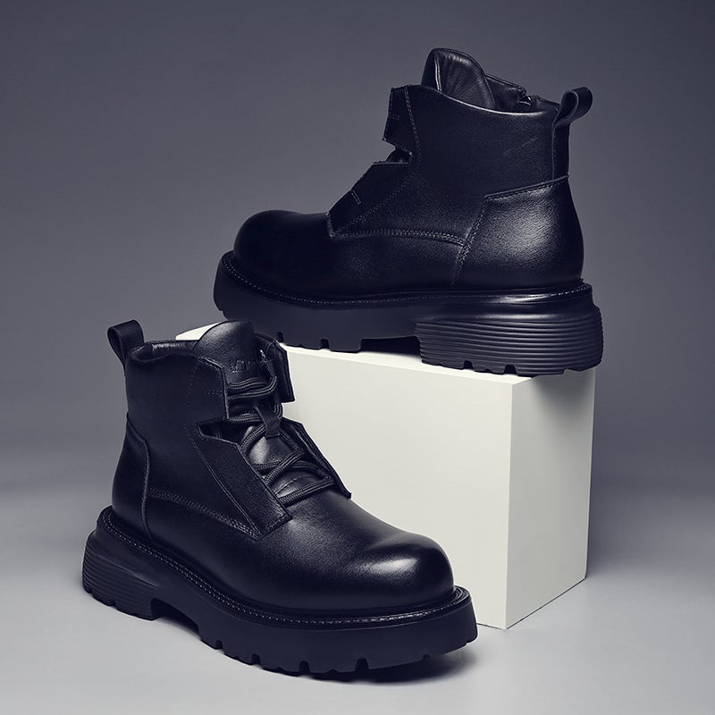 Hong Kong style thick bottom increased side zipper desert overalls boots autumn and winter New Youth All-match trendy genuine leather Martin boots for men - Image 3
