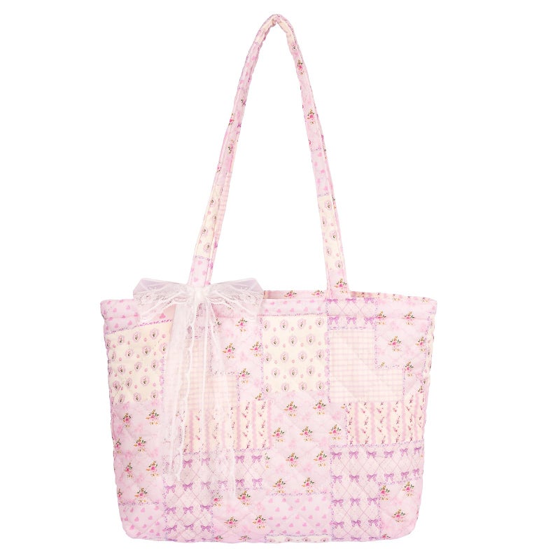 shiprabags Quilted Small Tote Bag for Women, Lightweight Floral Shoulder Bag,Soft College Travel Work Bag Everyday Purse (purple patchwork, M) - Image 1