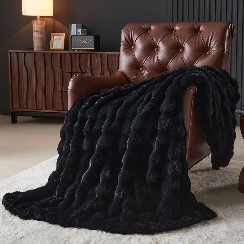 Lotus Karen Lotus Karen Faux Fur Blanket Black Twin Size - Big Bubble Rabbit Fluff Blanket for Couch  Small Fluffy Fuzzy Cozy Blanket  Thick Furry Plush Shaggy Blankets  60x80 Inches  - Image 2