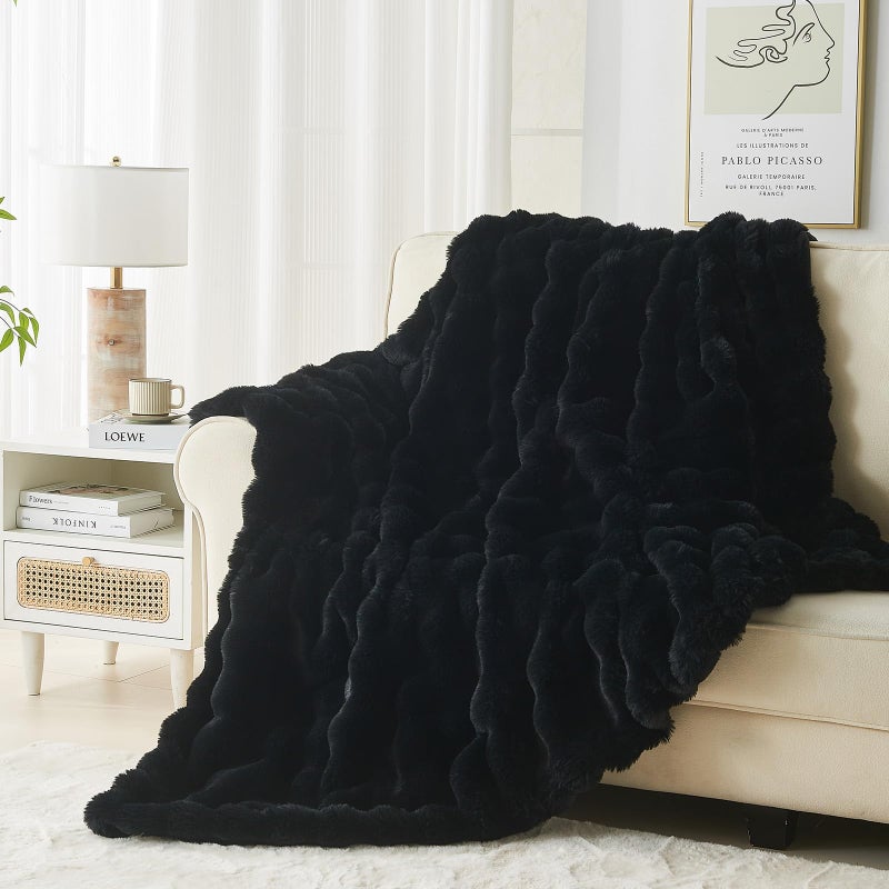 Lotus Karen Lotus Karen Faux Fur Blanket Black Twin Size - Big Bubble Rabbit Fluff Blanket for Couch  Small Fluffy Fuzzy Cozy Blanket  Thick Furry Plush Shaggy Blankets  60x80 Inches  - Image 3