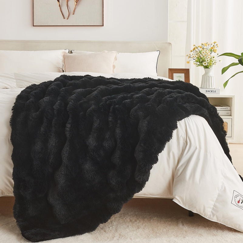 Lotus Karen Lotus Karen Faux Fur Blanket Black Twin Size - Big Bubble Rabbit Fluff Blanket for Couch  Small Fluffy Fuzzy Cozy Blanket  Thick Furry Plush Shaggy Blankets  60x80 Inches  - Image 4