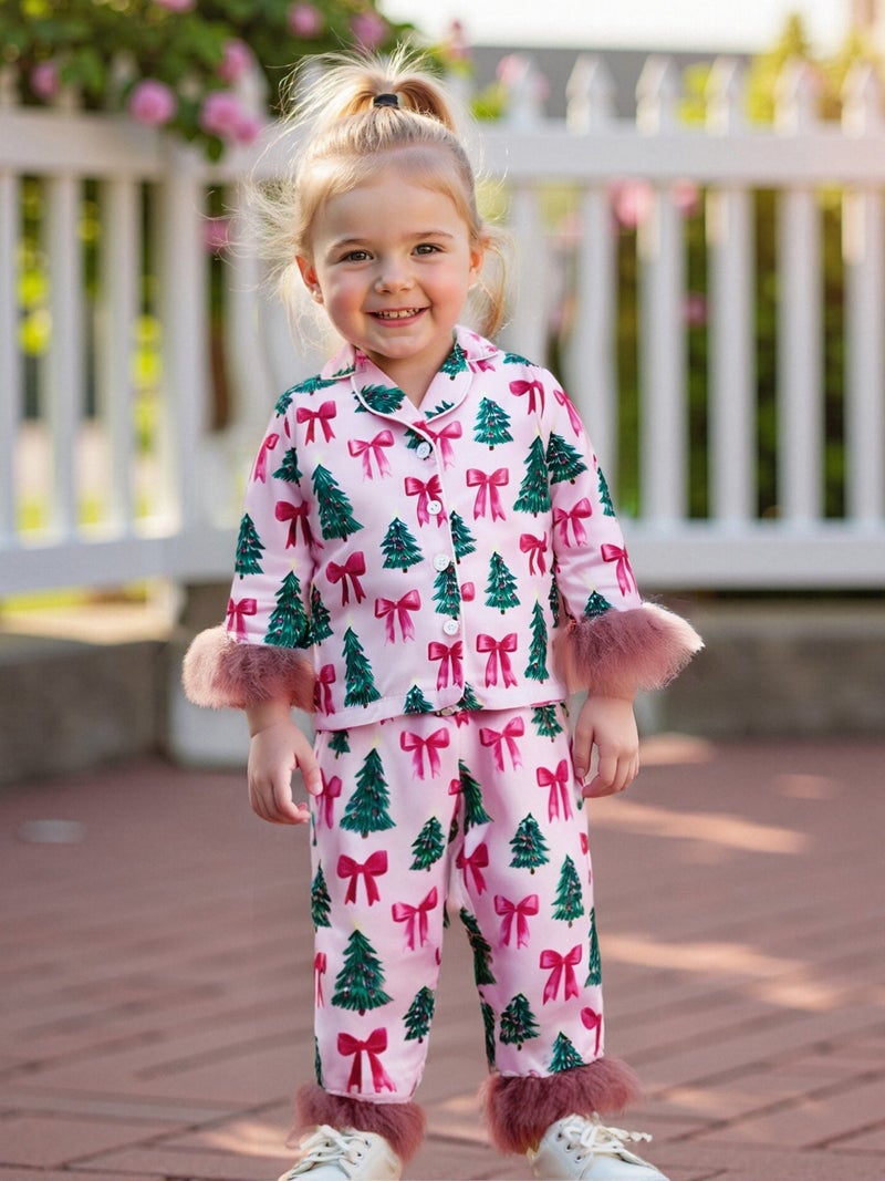 Girls Pajamas Set Feather Trim Christmas Print Button up Long Sleeves Shirt with Elastic Pants for Loungewear Sleepwear - Image 1