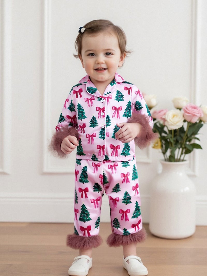 Girls Pajamas Set Feather Trim Christmas Print Button up Long Sleeves Shirt with Elastic Pants for Loungewear Sleepwear - Image 2