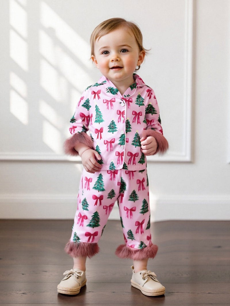 Girls Pajamas Set Feather Trim Christmas Print Button up Long Sleeves Shirt with Elastic Pants for Loungewear Sleepwear - Image 5