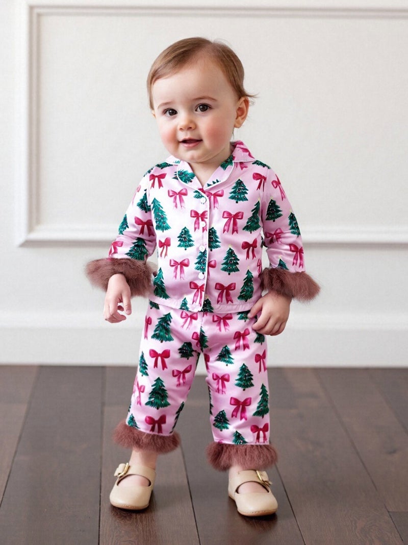 Girls Pajamas Set Feather Trim Christmas Print Button up Long Sleeves Shirt with Elastic Pants for Loungewear Sleepwear - Image 3