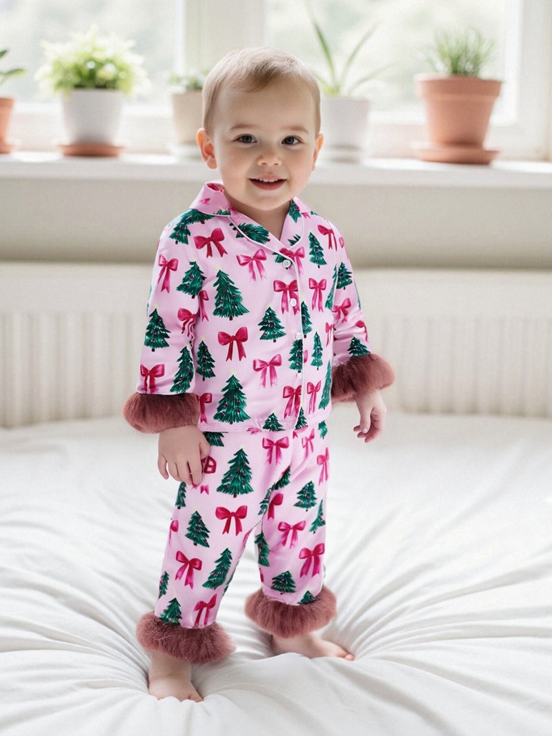 Girls Pajamas Set Feather Trim Christmas Print Button up Long Sleeves Shirt with Elastic Pants for Loungewear Sleepwear - Image 4