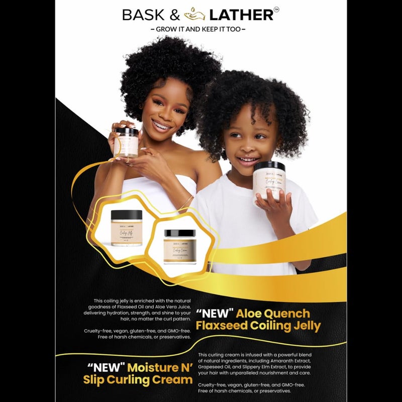BASK & LATHER Moisture n Slip Curling Cream with Amaranth Extract, Grapeseed Oil & Slippery Elm, Enhances Curl Definition, Bounce, Reduces Frizz & Breakage, Deep Moisturization, Detangles, 8oz - Image 2