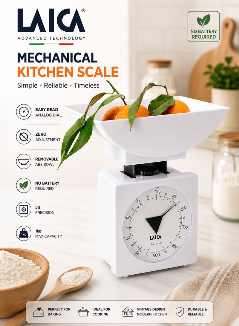 LAICA K711 Mechanical Kitchen Scale 1kg Capacity Analog Food Weighing Scale with 5g Precision Easy Read Dial Removable ABS Bowl Zero Adjustment Knob No Battery Required Vintage Compact Kitchen Scale for Baking Cooking Meal Prep Home Use - Image 1
