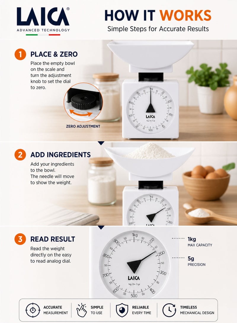 LAICA K711 Mechanical Kitchen Scale 1kg Capacity Analog Food Weighing Scale with 5g Precision Easy Read Dial Removable ABS Bowl Zero Adjustment Knob No Battery Required Vintage Compact Kitchen Scale for Baking Cooking Meal Prep Home Use - Image 3