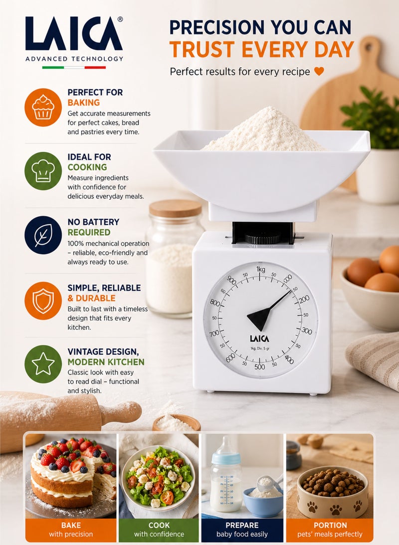 LAICA K711 Mechanical Kitchen Scale 1kg Capacity Analog Food Weighing Scale with 5g Precision Easy Read Dial Removable ABS Bowl Zero Adjustment Knob No Battery Required Vintage Compact Kitchen Scale for Baking Cooking Meal Prep Home Use - Image 4
