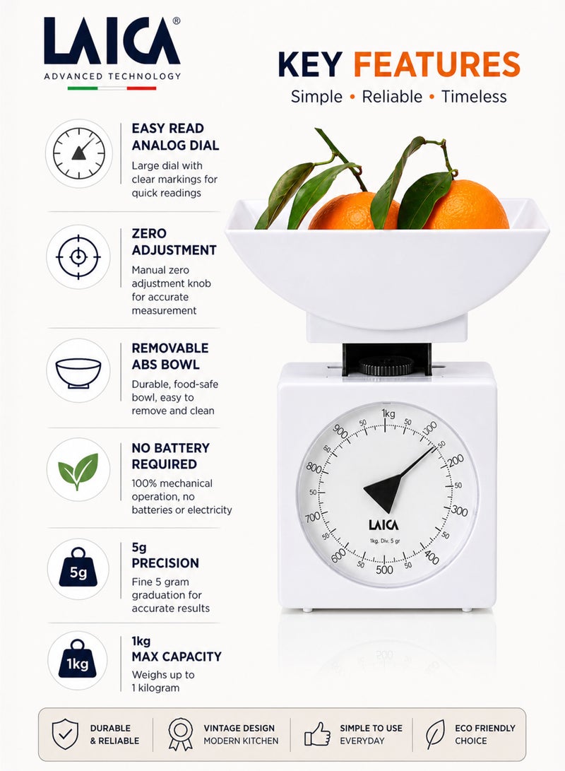 LAICA K711 Mechanical Kitchen Scale 1kg Capacity Analog Food Weighing Scale with 5g Precision Easy Read Dial Removable ABS Bowl Zero Adjustment Knob No Battery Required Vintage Compact Kitchen Scale for Baking Cooking Meal Prep Home Use - Image 2