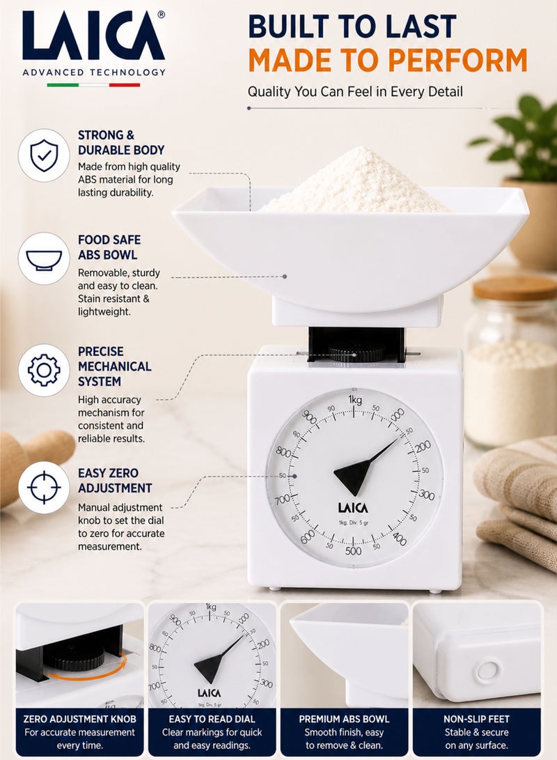 LAICA K711 Mechanical Kitchen Scale 1kg Capacity Analog Food Weighing Scale with 5g Precision Easy Read Dial Removable ABS Bowl Zero Adjustment Knob No Battery Required Vintage Compact Kitchen Scale for Baking Cooking Meal Prep Home Use - Image 5