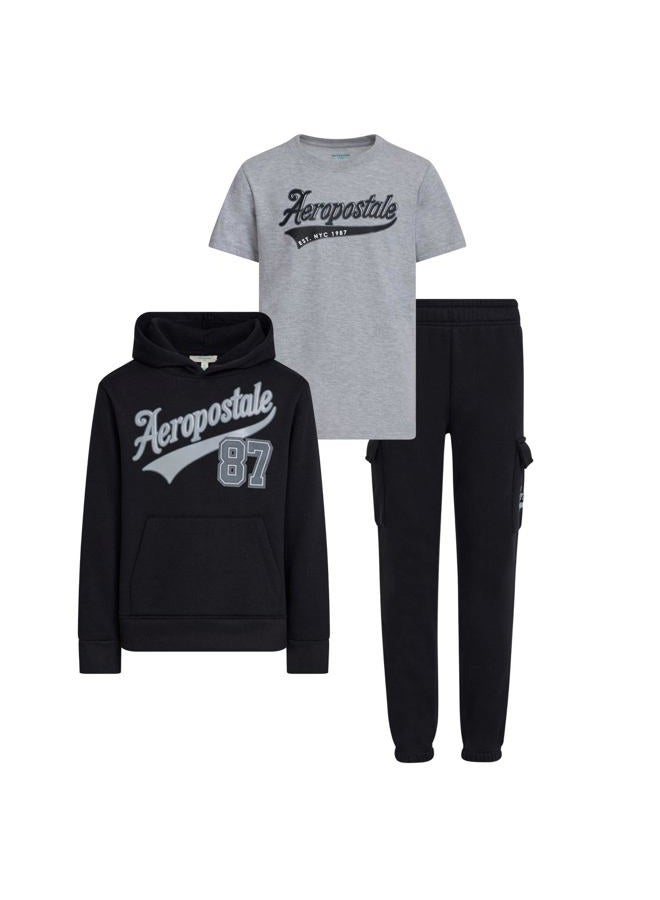 Aeropostale طقم ملابس أولاد أيروبوستال - طقم 3 قطع: سترة بقلنسوة من الفليس، بنطلون رياضي كارغو، قميص تي شيرت، طقم ملابس أولاد نشطة، مقاسات 4-12، أسود، 5-6 - Image 1