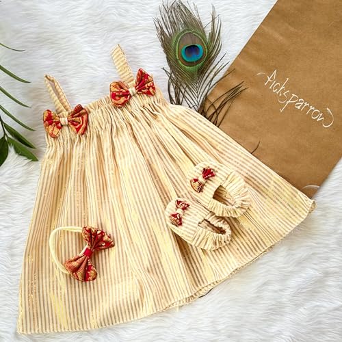 Picksparrow Baby Girl Fit And Flare Knee-Length Cotton Dress-Headband-Booties/Namakarana Set (Cotton-Lurex) (0-3 Months, Gold - Elastic Neck) - Image 2