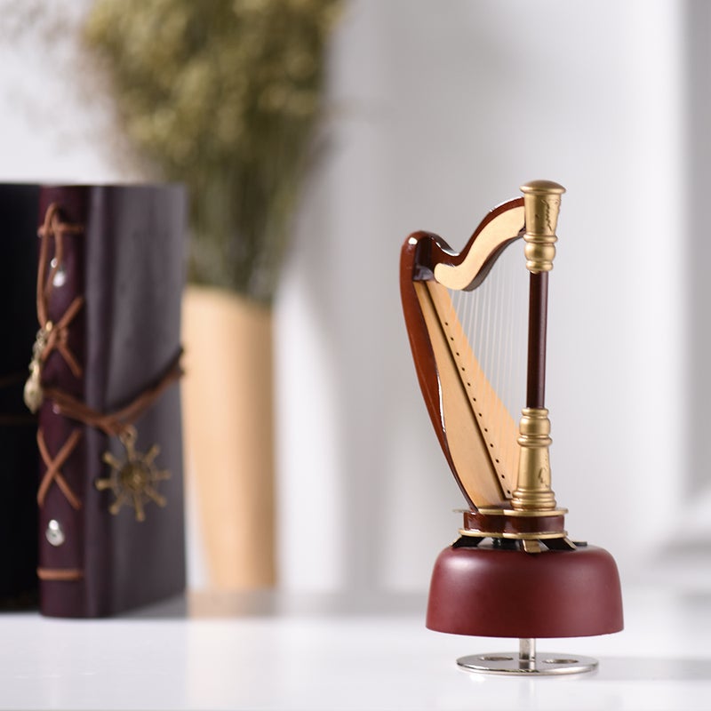 Classical Wind Up Harp Music Model with Rotating Musical Base Instrument Miniature Replica Artware Gift - Image 2