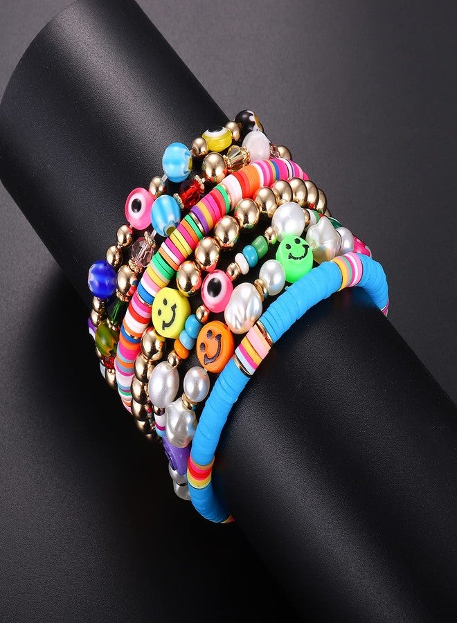 BVGA Beaded Stretch Bracelets for Women Rainbow Heishi Bracelet Set Colorful Clay Flower Evil Eye Gold-tone Coloured Glaze Beads Bracelet Summer Beach Bracelet Jewelry - Image 2