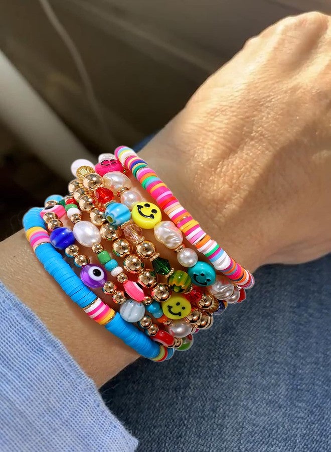 BVGA Beaded Stretch Bracelets for Women Rainbow Heishi Bracelet Set Colorful Clay Flower Evil Eye Gold-tone Coloured Glaze Beads Bracelet Summer Beach Bracelet Jewelry - Image 3