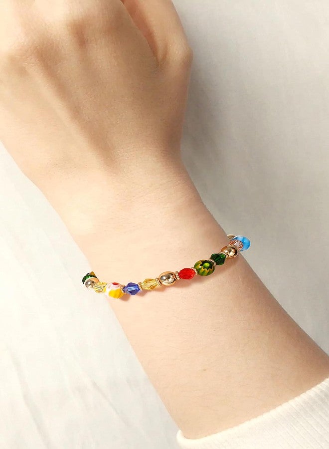 BVGA Beaded Stretch Bracelets for Women Rainbow Heishi Bracelet Set Colorful Clay Flower Evil Eye Gold-tone Coloured Glaze Beads Bracelet Summer Beach Bracelet Jewelry - Image 4