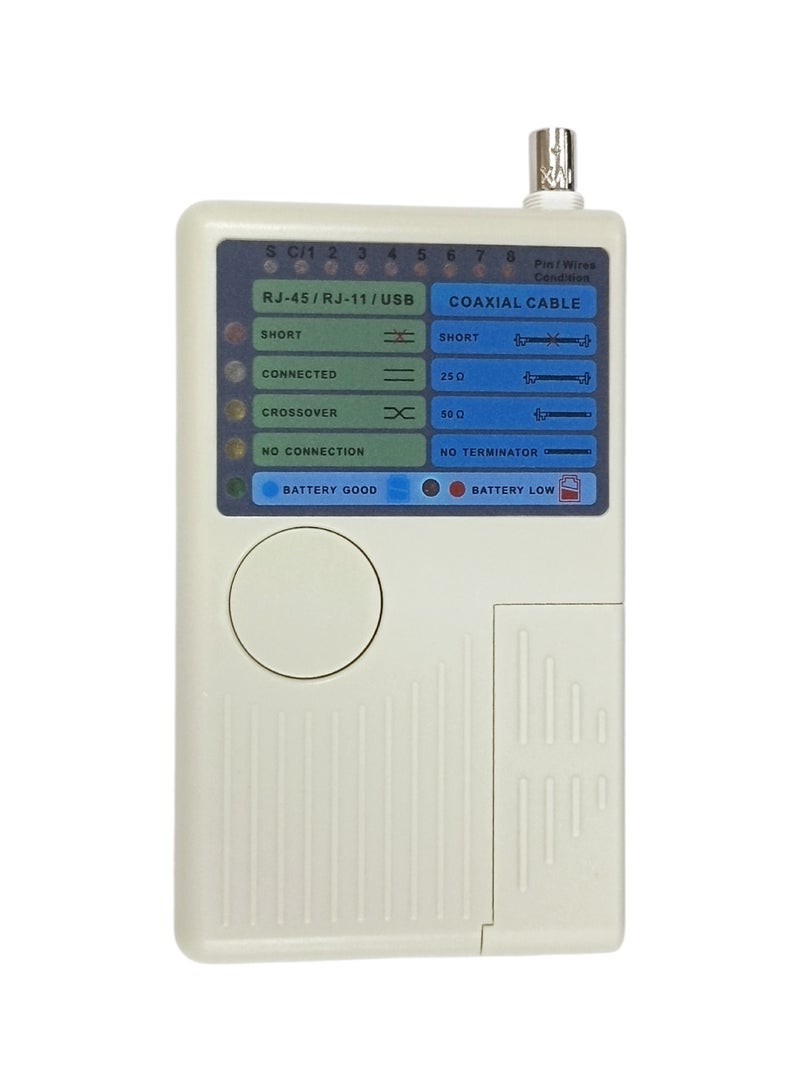 هاي-تيك جهاز فحص الكيابل – يفحص كيابل RJ11 / RJ45 / USB / BNC بسرعة، ويعطيك النتائج على طول. يقدر يحدد المقاومات 25Ω و 50Ω، ويبين لك إذا الكيبل ستريت ولا كروس أوفر، وحتى يوضح لك حالة البطارية. - Image 1