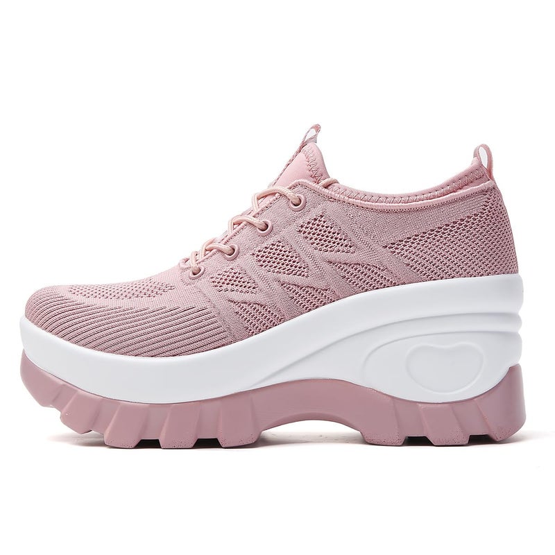 XBLDU Women's Chunky Platform Comfort Orthopedic Wedge Walking Shoes Fashion Knitted Breathable Lace Up Lug Sole Casual Non-Slip Running Shoes With Arch Support (Pink, Adult, Women, 7, Numeric, US Footwear Size System, Medium) - Image 2