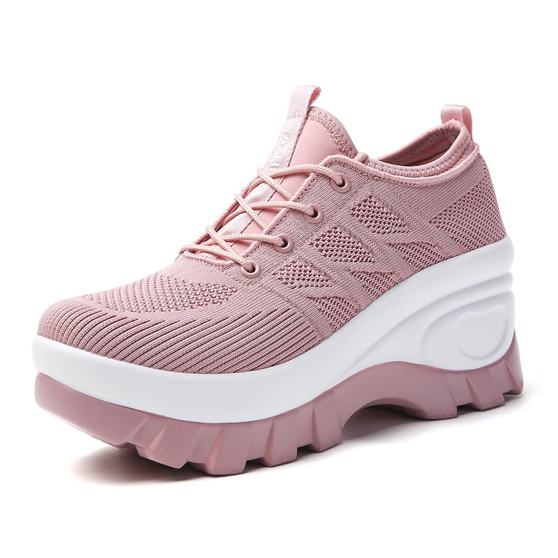 XBLDU Women's Chunky Platform Comfort Orthopedic Wedge Walking Shoes Fashion Knitted Breathable Lace Up Lug Sole Casual Non-Slip Running Shoes With Arch Support (Pink, Adult, Women, 7, Numeric, US Footwear Size System, Medium) - Image 1