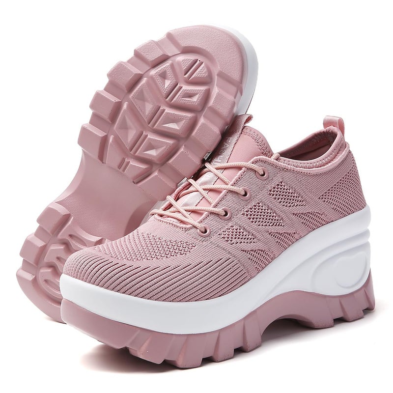 XBLDU Women's Chunky Platform Comfort Orthopedic Wedge Walking Shoes Fashion Knitted Breathable Lace Up Lug Sole Casual Non-Slip Running Shoes With Arch Support (Pink, Adult, Women, 7, Numeric, US Footwear Size System, Medium) - Image 3