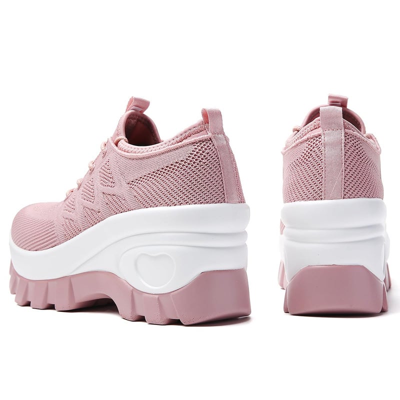 XBLDU Women's Chunky Platform Comfort Orthopedic Wedge Walking Shoes Fashion Knitted Breathable Lace Up Lug Sole Casual Non-Slip Running Shoes With Arch Support (Pink, Adult, Women, 7, Numeric, US Footwear Size System, Medium) - Image 4