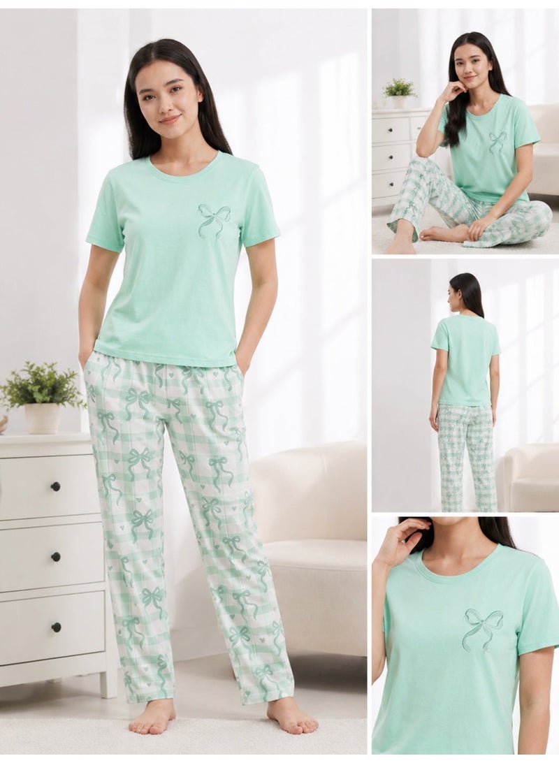 Women's 2-Piece Plus Size Pajama Set, Mint Green Top & Bow Check Print Pants - Image 1