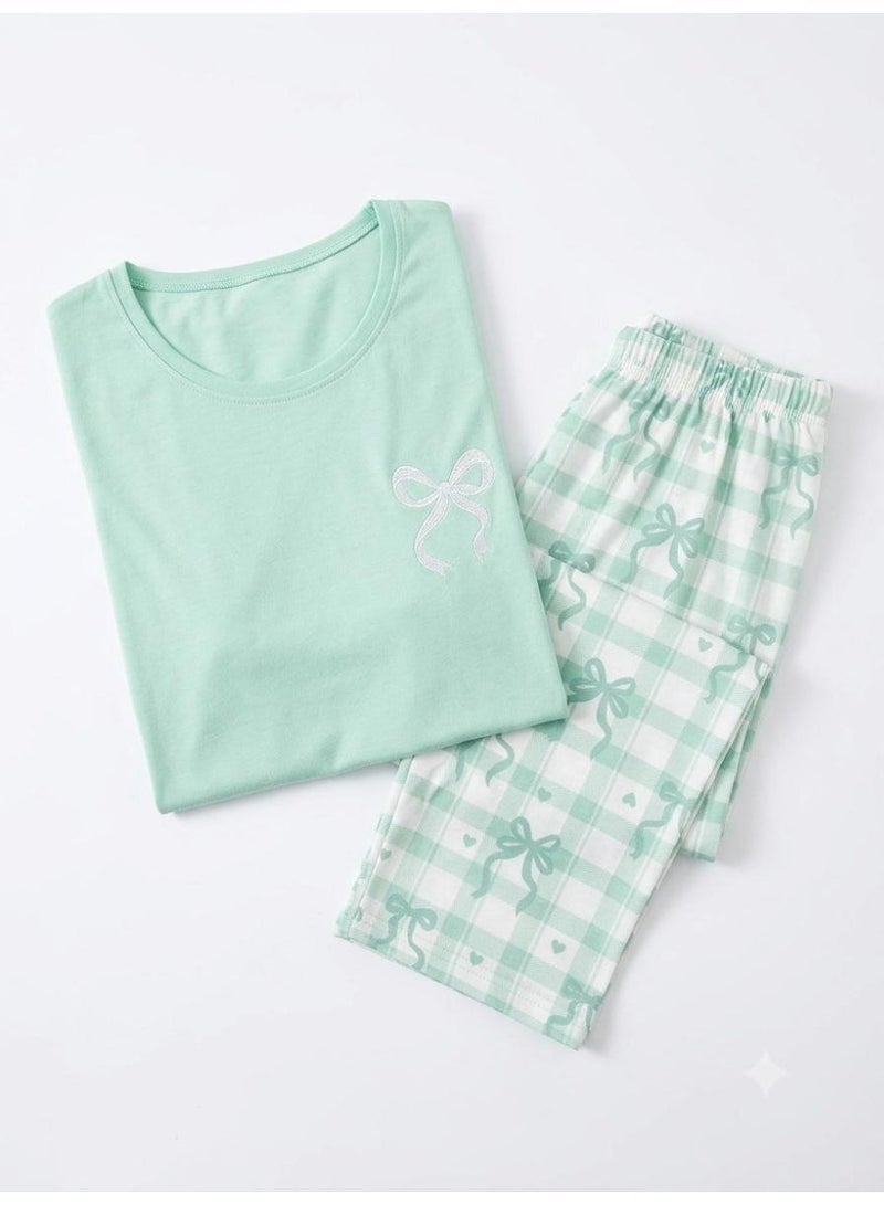 Women's 2-Piece Plus Size Pajama Set, Mint Green Top & Bow Check Print Pants - Image 2