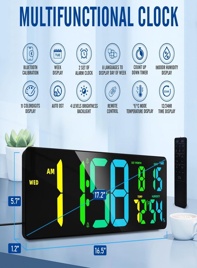 TXL 17.2'' Bluetooth Large Digital Wall Clock, LED Large Display Timer with RGB Ambient Lights,Temperature/Humidity, Remote Control, Adjustable Brightness for Home, Office, Classroom - Image 2