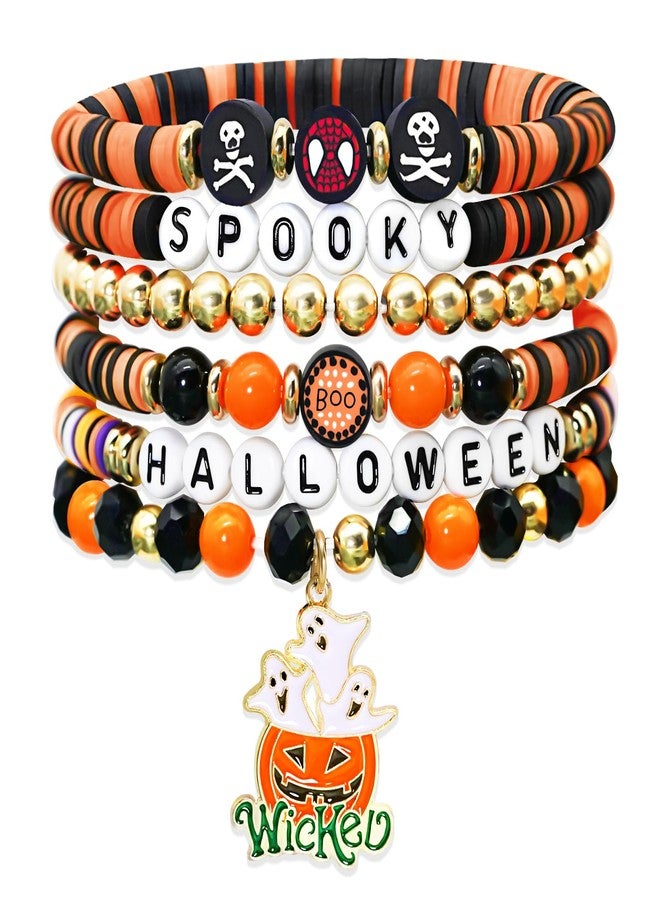 yfstyle Halloween Themed Bracelets for Women - Preppy Surfer Heishi Pumpkin Spooky Stretch Spider Boo Bracelets for Halloween Party Costume Accessory - Image 1