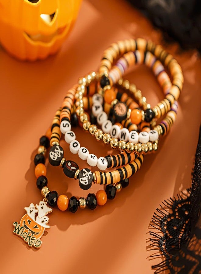 yfstyle Halloween Themed Bracelets for Women - Preppy Surfer Heishi Pumpkin Spooky Stretch Spider Boo Bracelets for Halloween Party Costume Accessory - Image 4