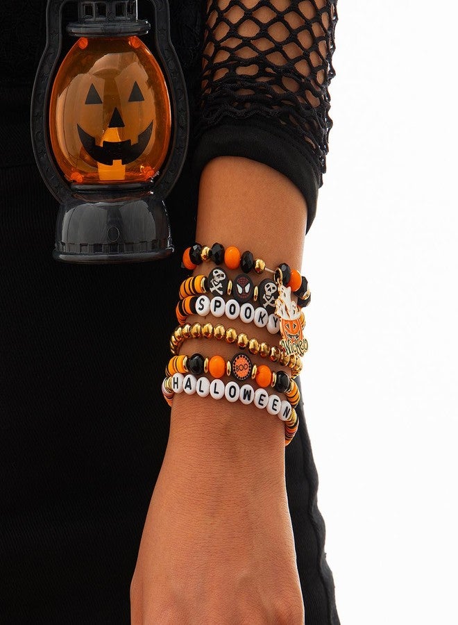 yfstyle Halloween Themed Bracelets for Women - Preppy Surfer Heishi Pumpkin Spooky Stretch Spider Boo Bracelets for Halloween Party Costume Accessory - Image 2