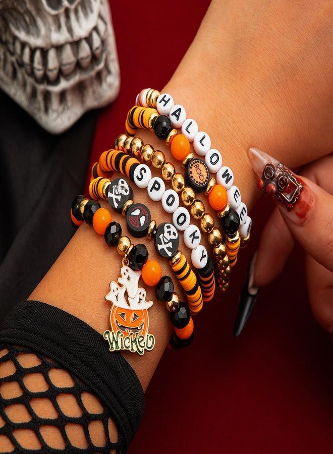 yfstyle Halloween Themed Bracelets for Women - Preppy Surfer Heishi Pumpkin Spooky Stretch Spider Boo Bracelets for Halloween Party Costume Accessory - Image 3