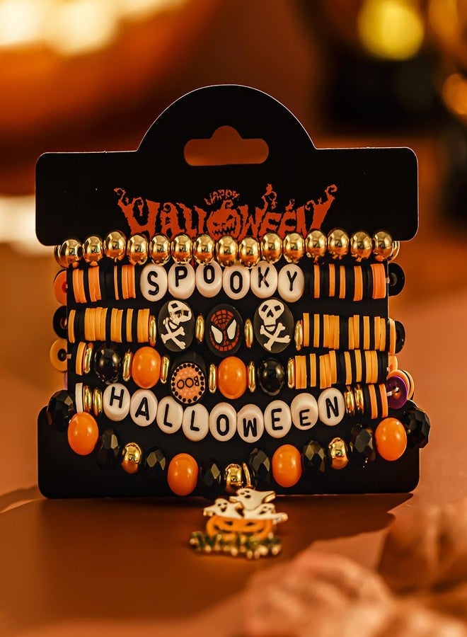 yfstyle Halloween Themed Bracelets for Women - Preppy Surfer Heishi Pumpkin Spooky Stretch Spider Boo Bracelets for Halloween Party Costume Accessory - Image 5