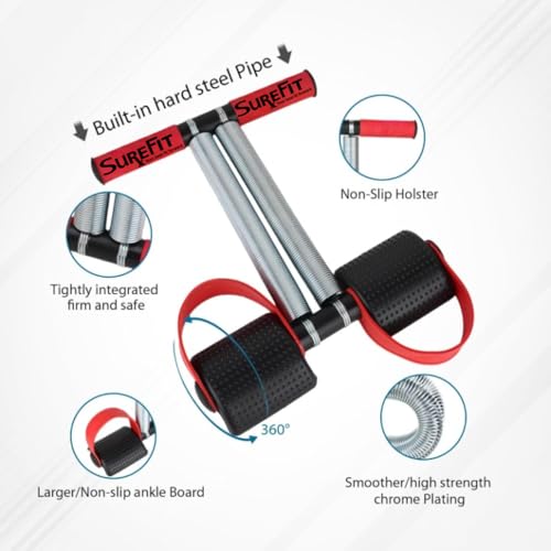 SUREFIT جهاز تقوية البطن ذو النوابض المزدوجة للرجال والنساء – جهاز مقاومة لتمارين البطن | معدات تمرين منزلية للجزء العلوي والسفلي من الجسم | أداة لياقة بدنية قوية (أحمر) - Image 3