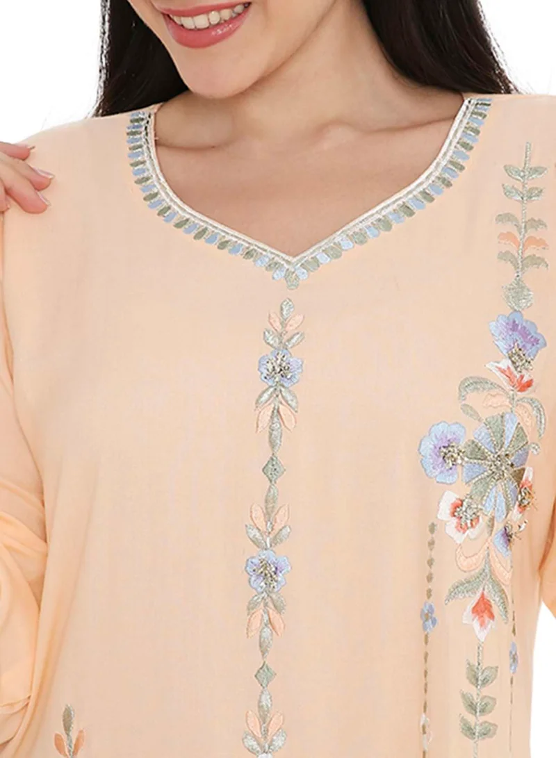 HANA & SARA PASTEL ORANGE COLOUR LONG VISCOSE WITH MULTICOLOUR EMBROIDERED MODEST ARABIC KAFTAN JALABIYA DRESSES