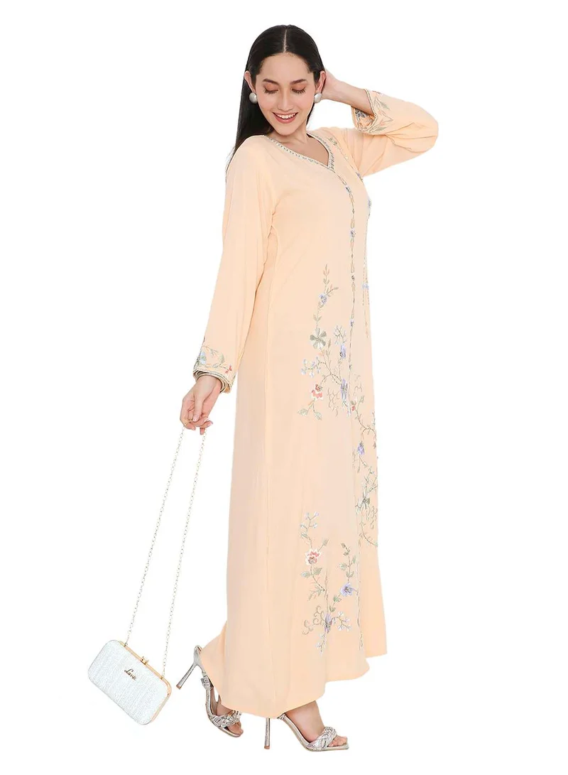 HANA & SARA PASTEL ORANGE COLOUR LONG VISCOSE WITH MULTICOLOUR EMBROIDERED MODEST ARABIC KAFTAN JALABIYA DRESSES