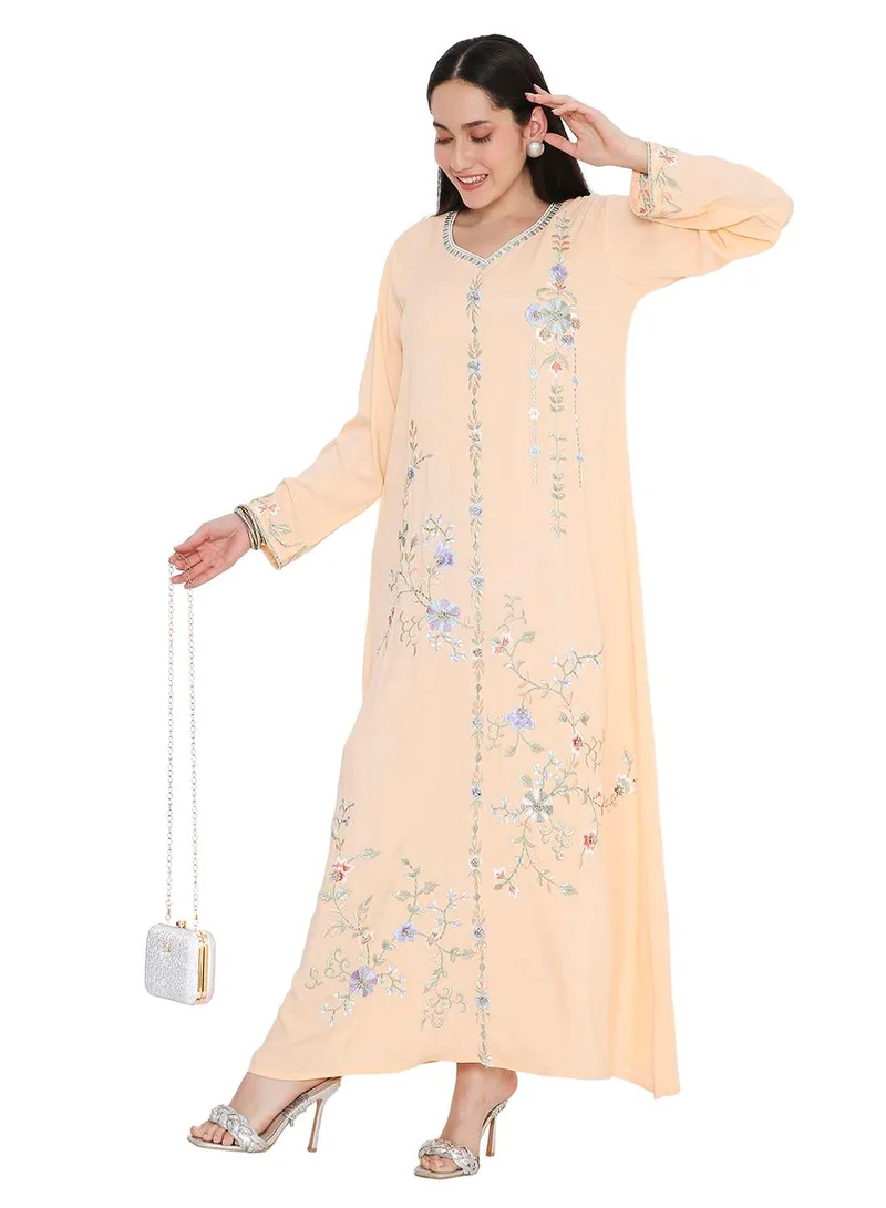 HANA & SARA PASTEL ORANGE COLOUR LONG VISCOSE WITH MULTICOLOUR EMBROIDERED MODEST ARABIC KAFTAN JALABIYA DRESSES