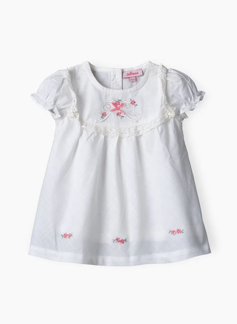 Jelliene Girls White Embroidered Puff Sleeve Dress
