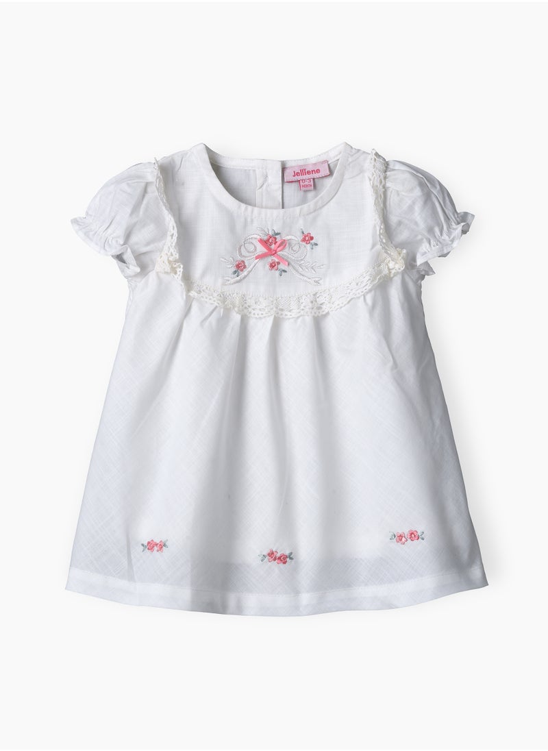 Jelliene Girls White Embroidered Puff Sleeve Dress  - Image 1