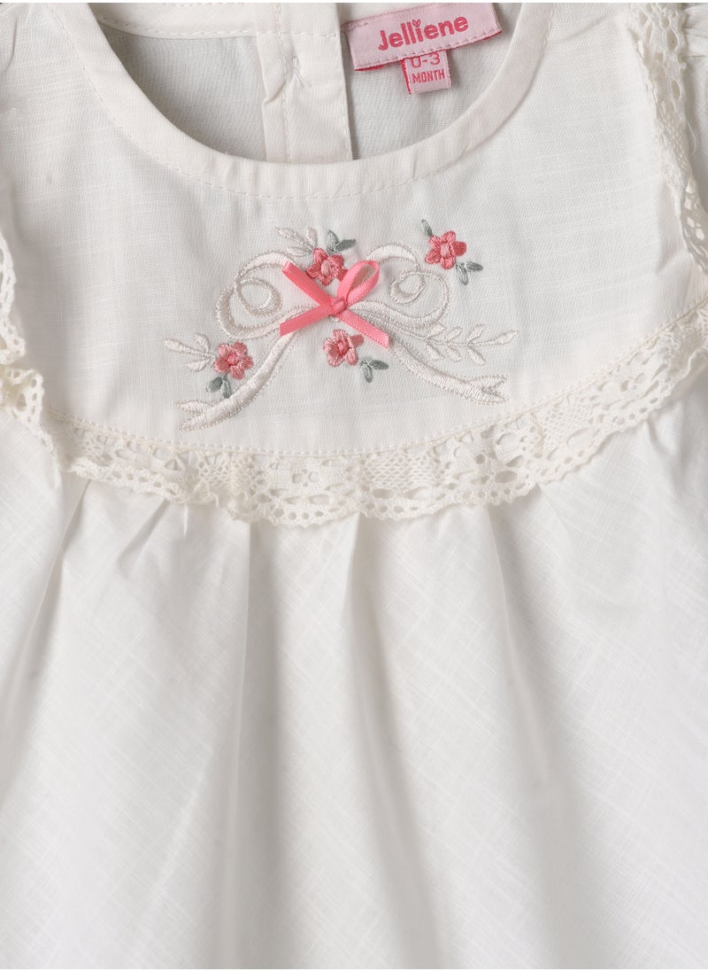 Jelliene Girls White Embroidered Puff Sleeve Dress  - Image 3