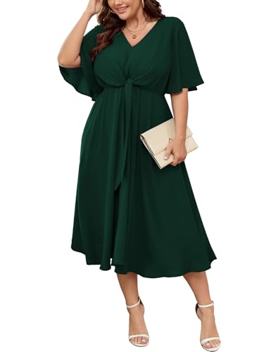 SCOMCHIC Women Plus Size Midi Dresses Wedding Guest Short Sleeve V Neck Tie Waist Casual Summer Flowy A Line Dress Emerald Green - Image 1