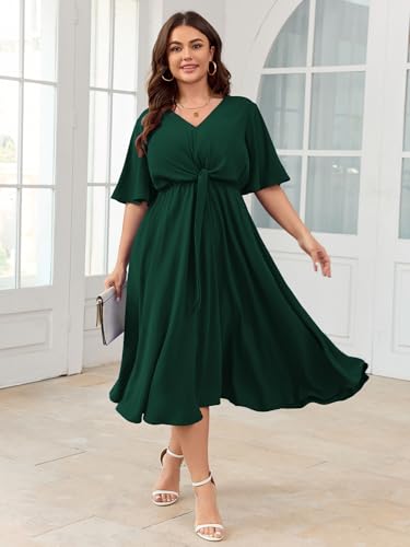 SCOMCHIC Women Plus Size Midi Dresses Wedding Guest Short Sleeve V Neck Tie Waist Casual Summer Flowy A Line Dress Emerald Green - Image 5