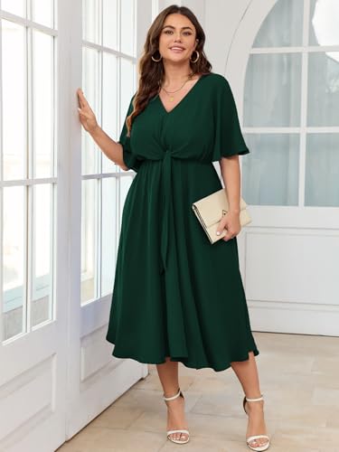SCOMCHIC Women Plus Size Midi Dresses Wedding Guest Short Sleeve V Neck Tie Waist Casual Summer Flowy A Line Dress Emerald Green - Image 4