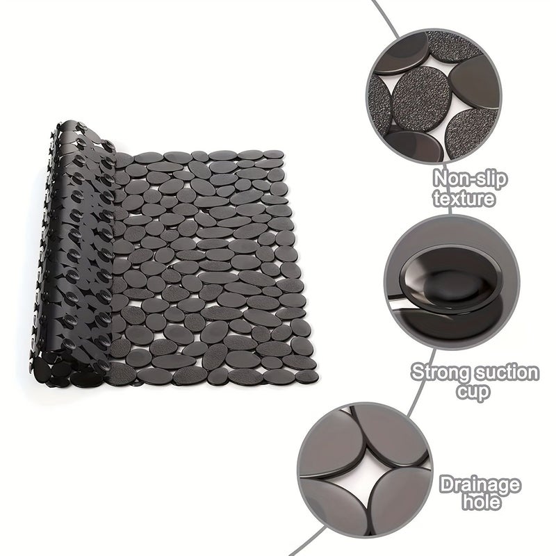 Solid Gray Rectangular Stone Shape PVC Shower Mat with Suction Cups and Drainage Holes - Image 2