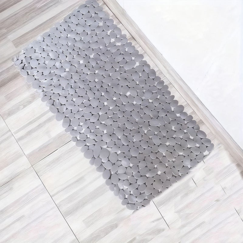 Solid Gray Rectangular Stone Shape PVC Shower Mat with Suction Cups and Drainage Holes - Image 3