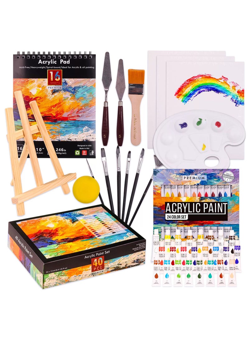 Generic Acrylic Paint Set 40PCS, Painting Kit With 24 Paints (12ml), 7 Brushes, 3 Canvases, Acrylic Paper, Tabletop Easel And Palette, Professional Craft And Art Painting Supplies For Adults And Kids  - Image 1
