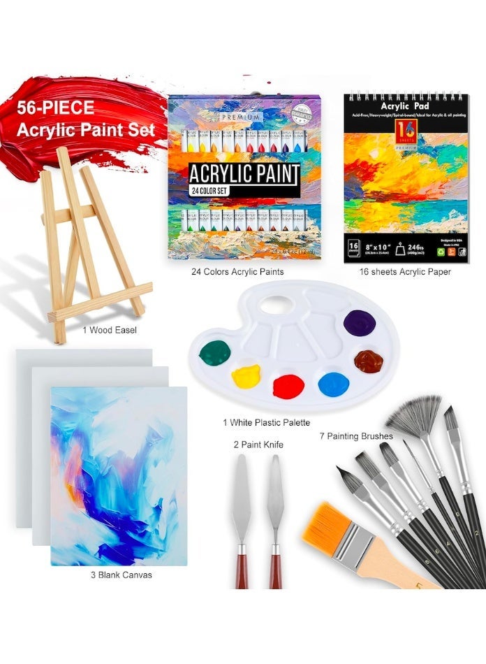 SUZZ Acrylic Paint Set, Painting Kit With 24 Paints (12ml), 7 Brushes, 3 Canvases, 16 Sheets Acrylic Paper, Tabletop Easel And Palette, Professional Craft And Art Painting Supplies For Adults And Kids - Image 2